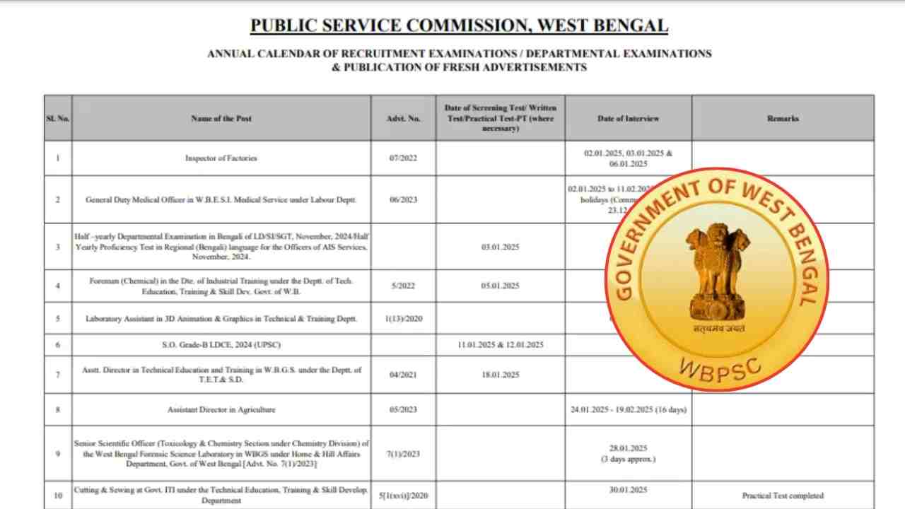 WBPSC Exam Calendar 2025 Released