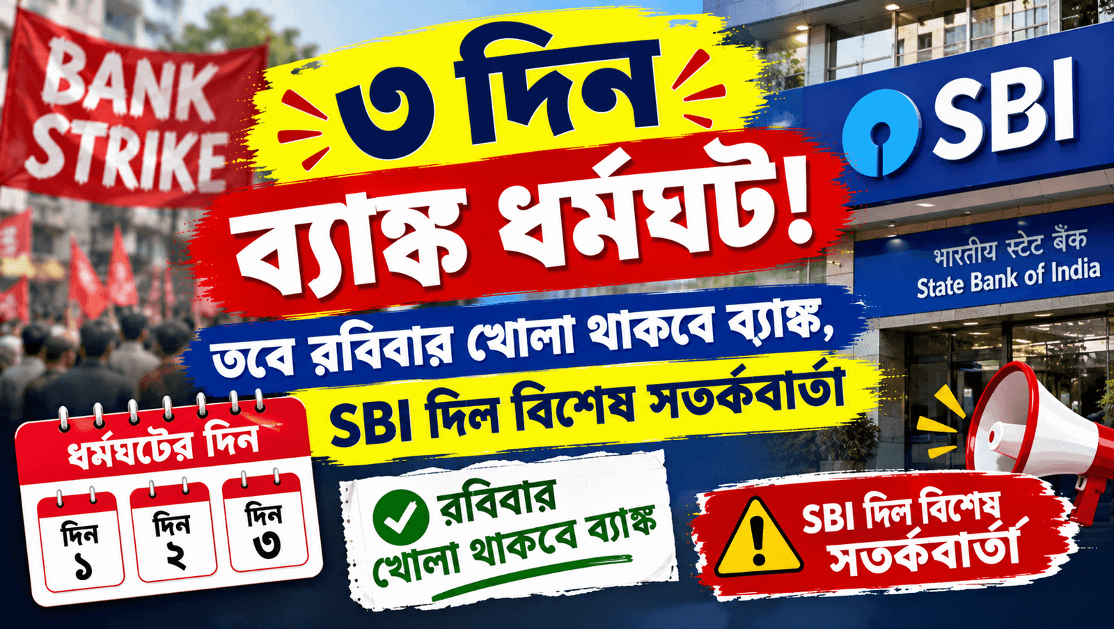 bank strike 3 days sbi warning sunday open